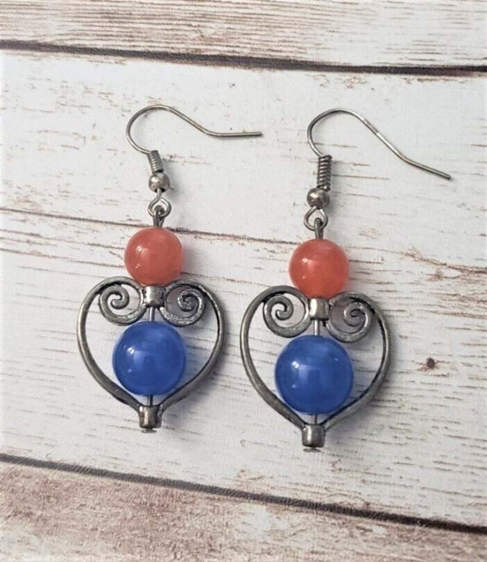 Vintage Earrings For Pierced Ears - Silver Tone Heart with Red & Blue Beads